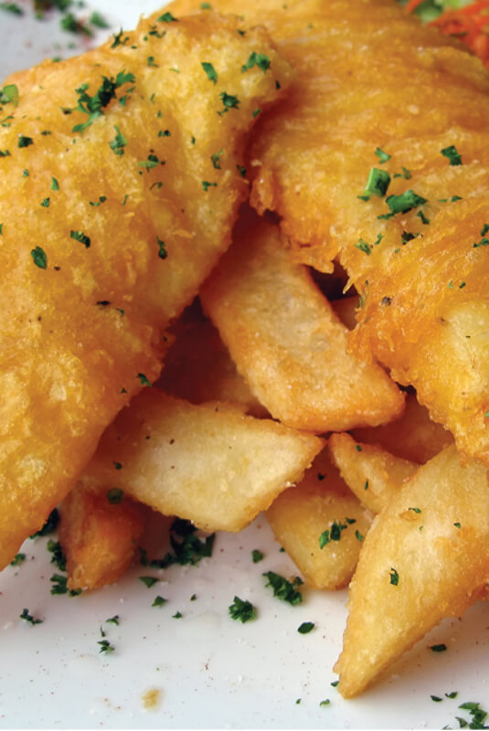 fish and chips with a garnish