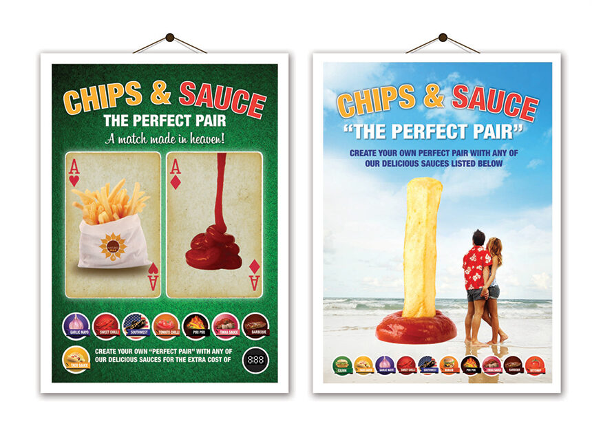 Signs saying chips and sauce are the perfect pair
