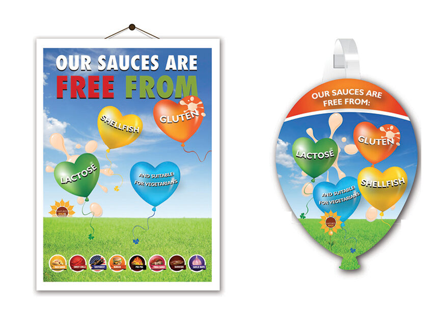 Sign and balloon stating 'Our sauces are free from shellfish, gluten, lactose and suitable for vegetarians.'