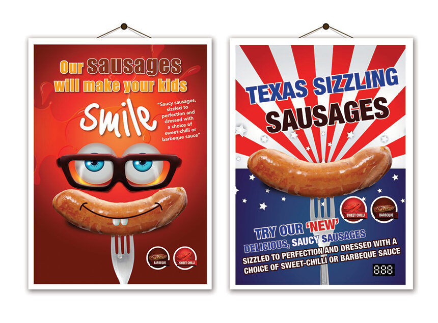 Signs with images promoting sausages