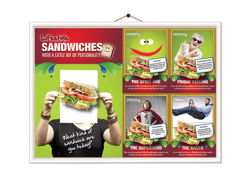 Sign promoting different types of sandwiches