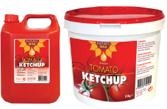 a jug and a tub of natures oils tomato ketchup