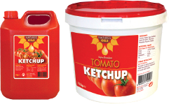 a jug and a tub of natures oils tomato ketchup