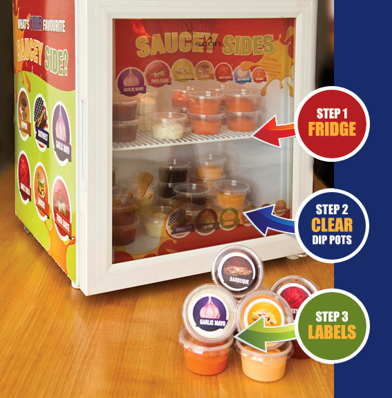 Sales fridge containing labelled clear dip pots