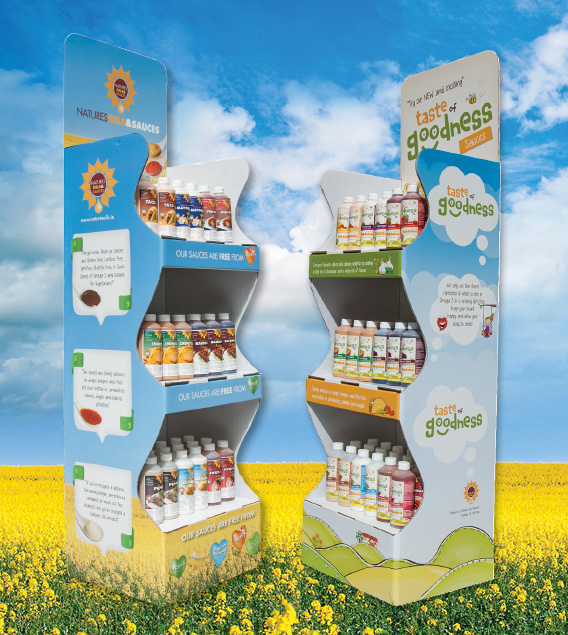 cardboard display stand for natures oils and taste of goodness