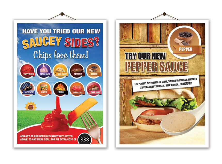 Signs with various sauce icons and promoting their new pepper sauce
